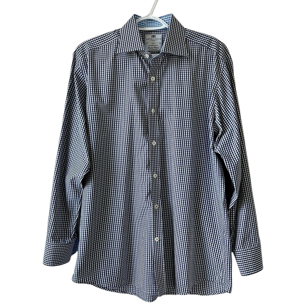 Hawes & Curtis Navy & White Gingham Check Long Sleeve Shirt Mens 16/36